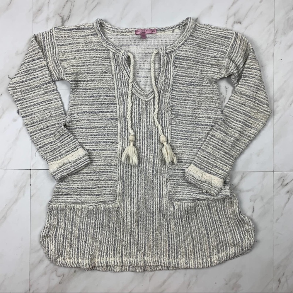 Calypso Womens Sz XS Tunic Top Striped Cream Grey Boho Tassels Fringe Lagenlook